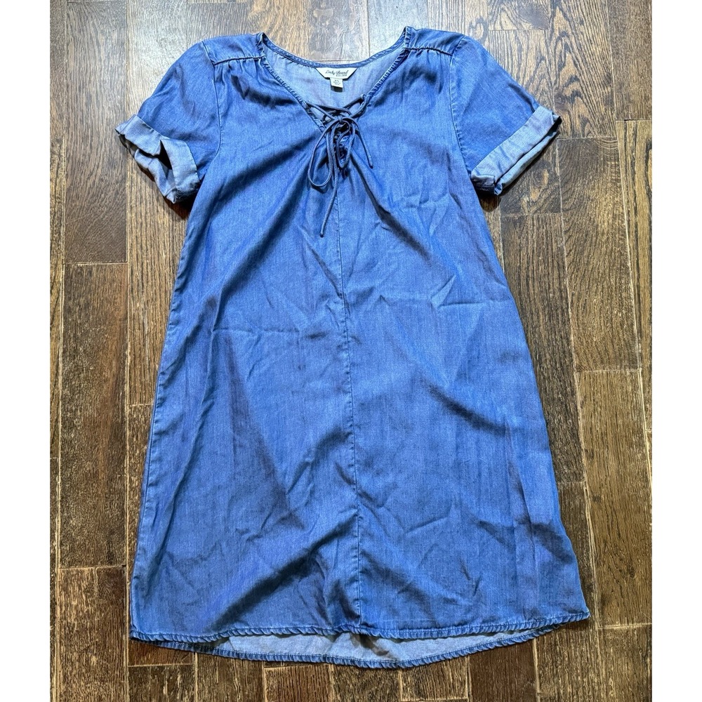 Lucky Brand Denim Laced V-Neck Shift Dress Chambray‎ Beachy Coastal Boho Soft XS